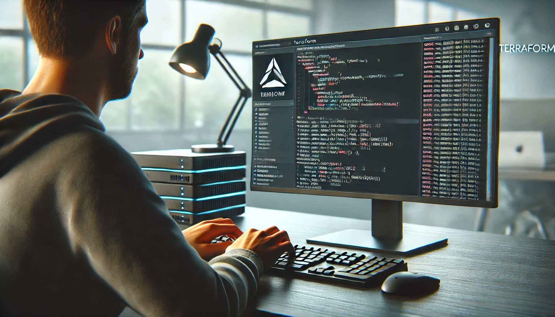 DALL·E 2024-10-09 03.13.20 – A realistic image of someone operating a computer with Terraform code displayed on the screen. The person is sitting at a desk, typing on a keyboard,