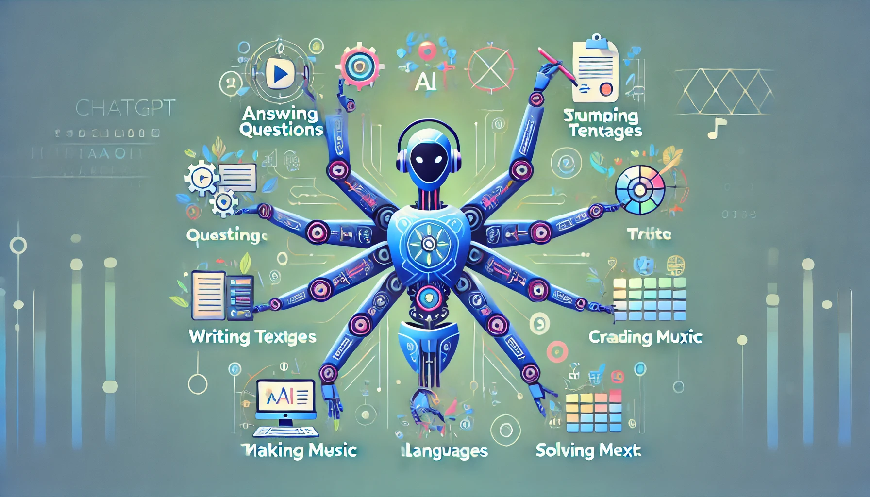 DALL·E 2024-10-10 21.20.50 – A futuristic conceptual illustration showing ChatGPT assisting with nine different tasks simultaneously. The image includes symbols like a robot with