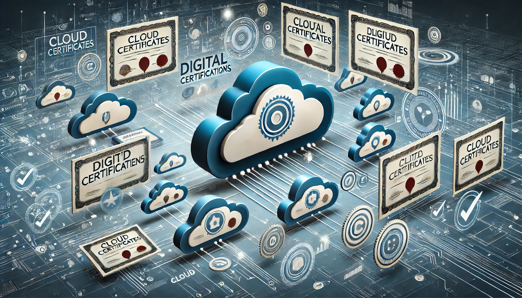 DALL·E 2024-10-11 11.09.03 – A conceptual illustration representing cloud certifications, featuring various digital certificates floating in a cloud environment with a futuristic
