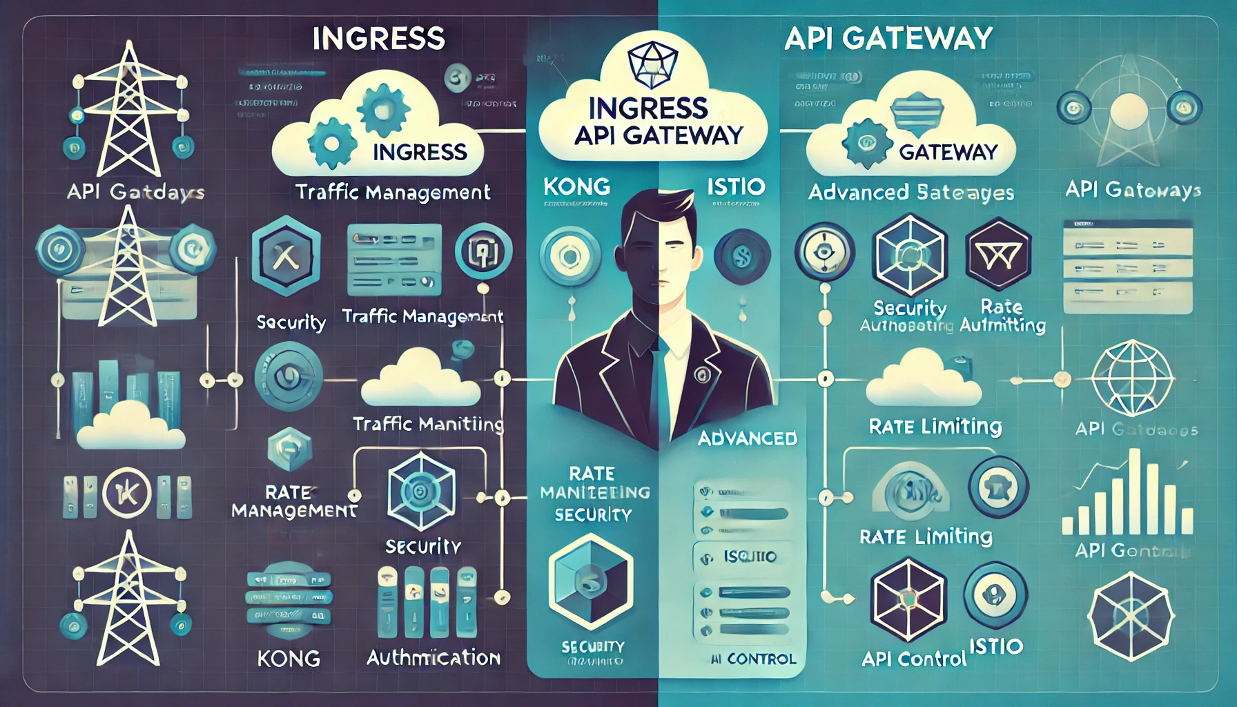 DALL·E 2024-10-17 11.46.02 – A comparison chart illustrating the features of Ingress and API Gateway in Kubernetes. The chart should have visually distinct sections showing Ingres