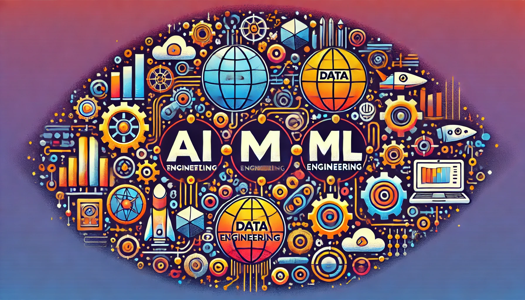 DALL·E 2024-10-17 12.28.47 – An inspiring visual showing AI, ML, and Data Engineering represented as futuristic technology symbols, interconnected to depict their roles in solving