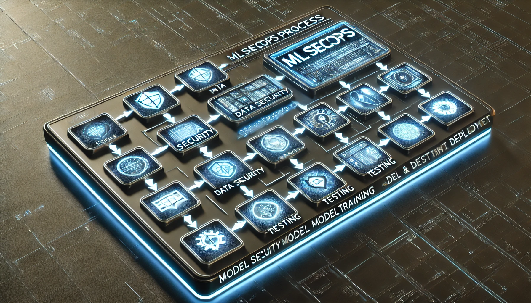 DALL·E 2024-10-21 19.59.21 – A rectangular, futuristic image illustrating the MLSecOps process in a flowchart format. The flowchart should include key stages such as data security