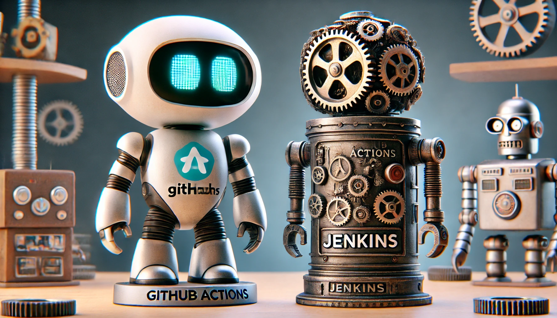 DALL·E 2024-10-22 18.12.22 – A modern, sleek robot representing GitHub Actions, with the GitHub logo on its chest, standing beside a sturdy, slightly weathered robot representing