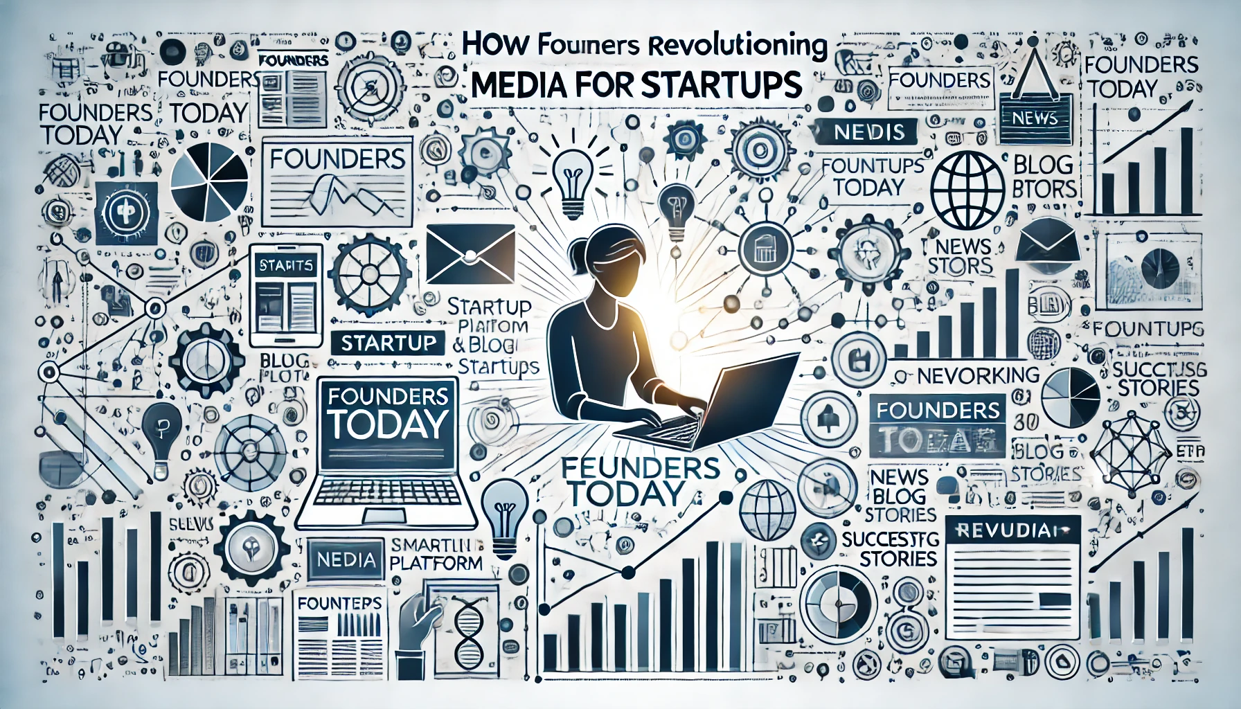 DALL·E 2024-10-22 19.58.37 – A rectangular image depicting the concept of how FoundersToday is revolutionizing media for startups. The image should include elements such as a pers