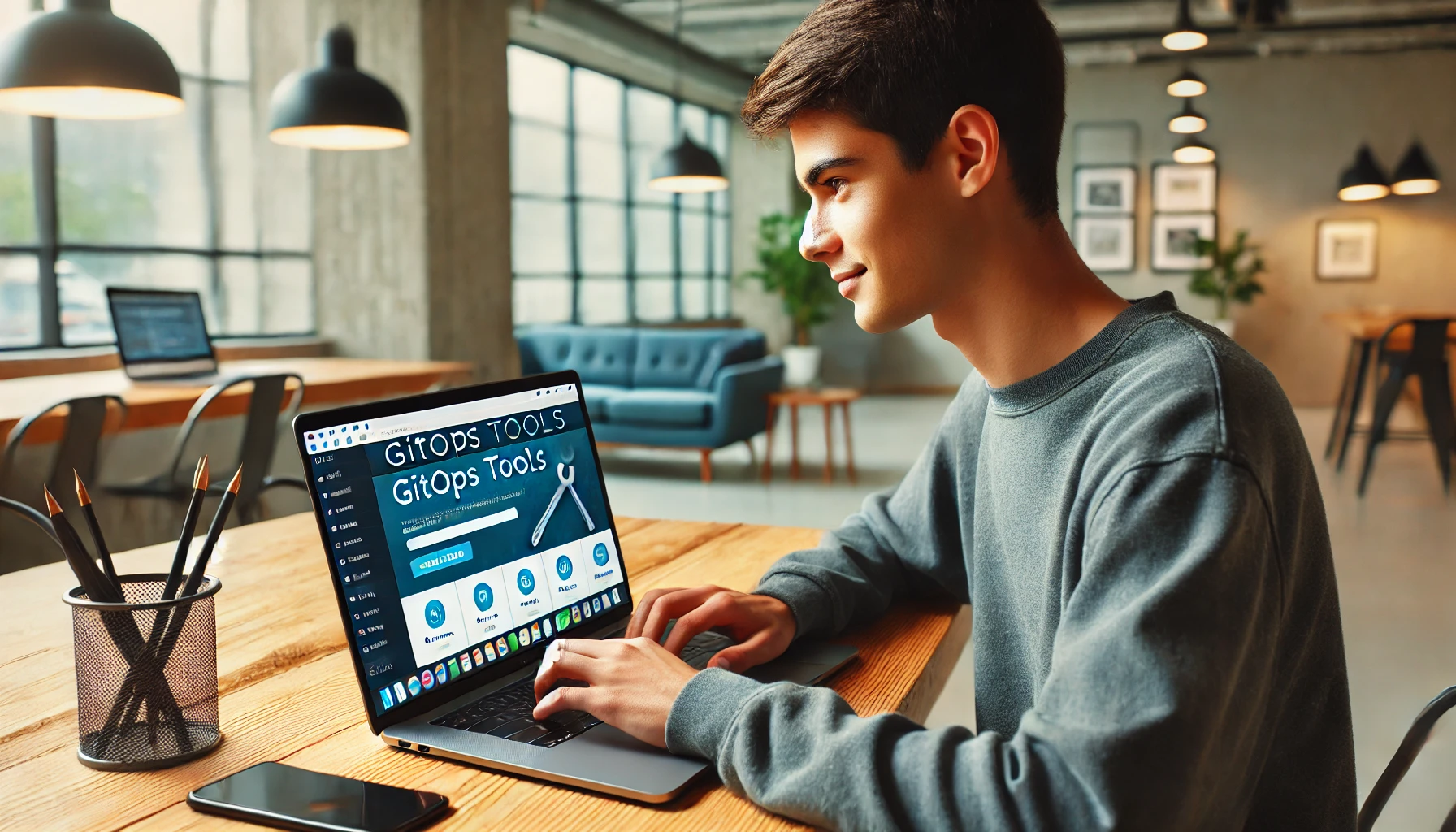 DALL·E 2024-10-24 12.34.49 – A young professional using a laptop, typing on an open browser with the GitOps tools website displayed. The setting is a modern workspace with a relax