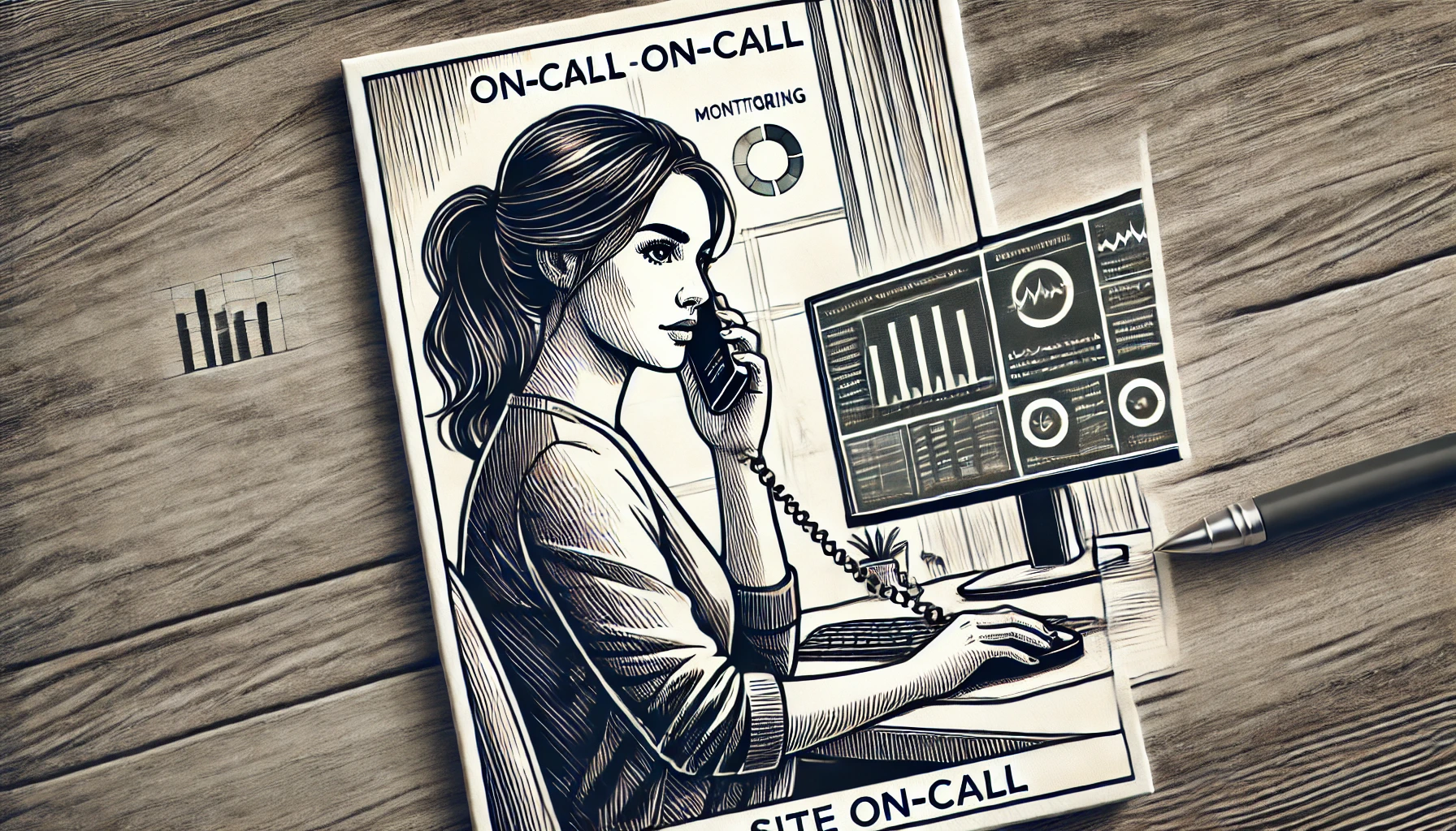 DALL·E 2024-10-24 12.43.39 – A drawing of a woman receiving a phone call while sitting in front of her computer. The setting is a home office, with a computer screen showing monit