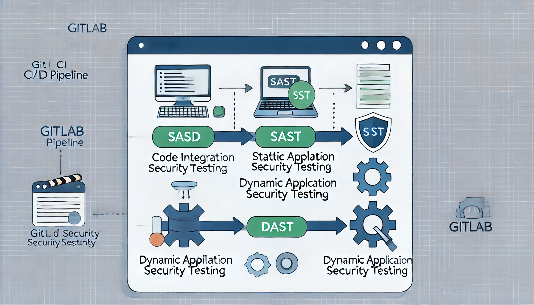 DALL·E 2024-10-24 12.54.06 – An illustration of a GitLab CI_CD pipeline, showing different stages of code integration and security testing, including SAST (Static Application Secu