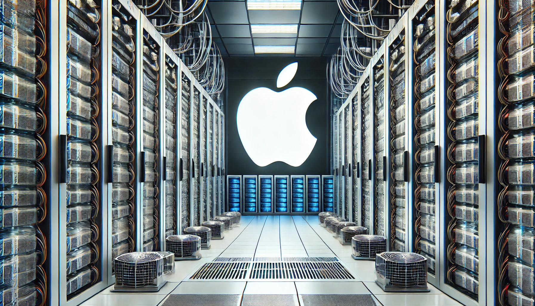 DALL·E 2024-10-25 15.31.31 – A rectangular image featuring the Apple logo alongside a data center. The image should show a modern data center with rows of servers, network cables,
