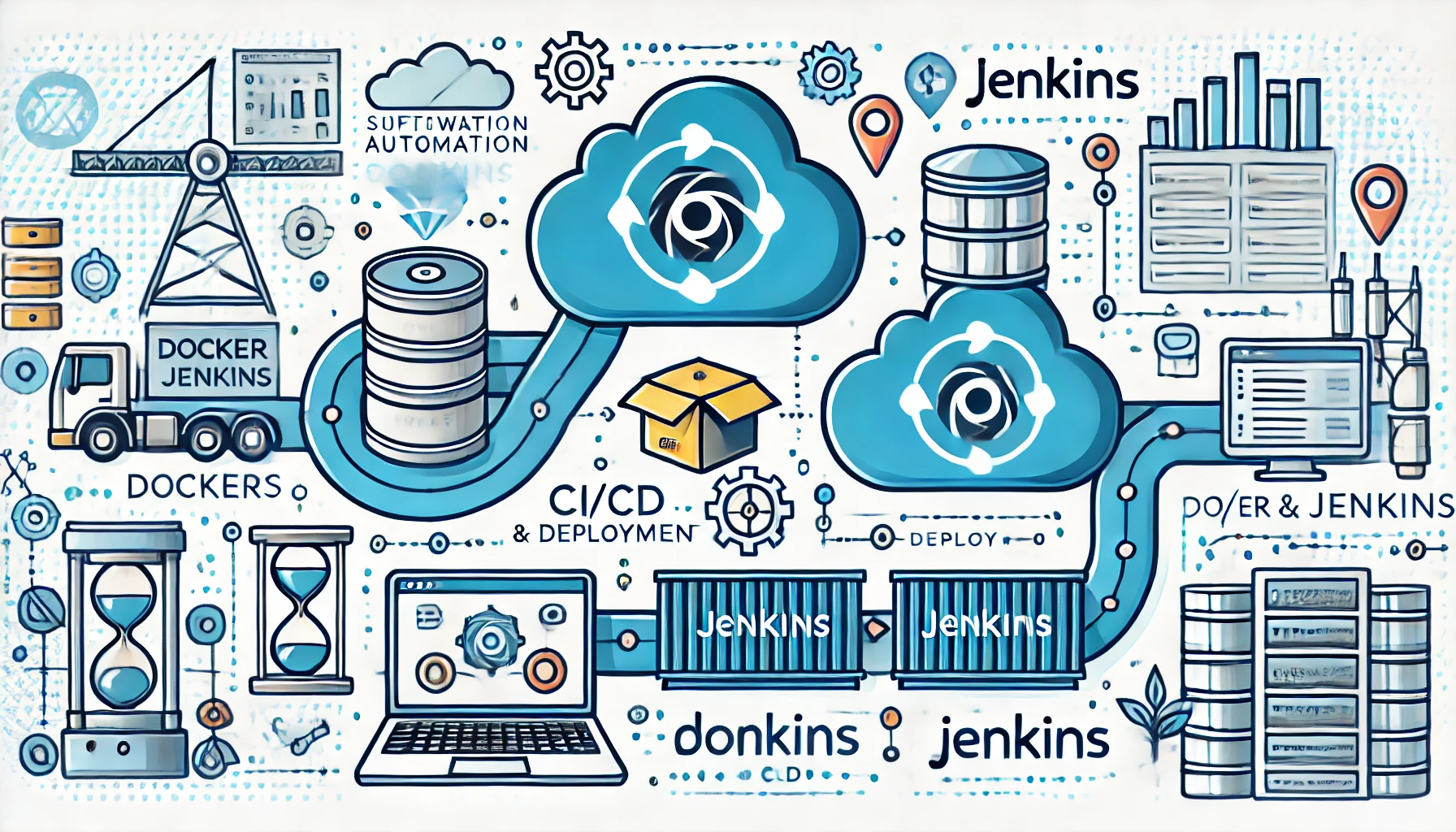 DALL·E 2024-10-22 15.55.11 – An illustration showing a CI_CD pipeline involving Docker and Jenkins. The image should represent software automation, integration, and deployment pro