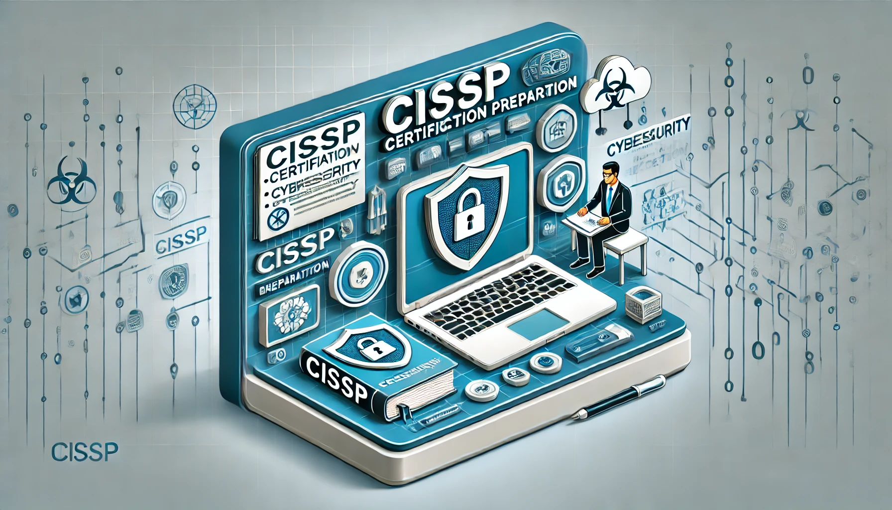 DALL·E 2024-10-24 11.26.36 – A rectangular image about CISSP certification preparation, featuring elements like a professional studying, books, and a laptop displaying cybersecuri