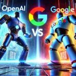 DALL·E 2024-11-02 19.37.37 – A futuristic battle scene between two giant robots representing OpenAI and Google, with a background of a digital cityscape. The OpenAI robot is sleek
