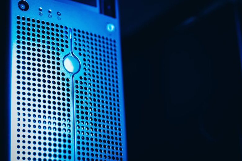 Blue server rack in datacenter representing AI cloud infrastructure