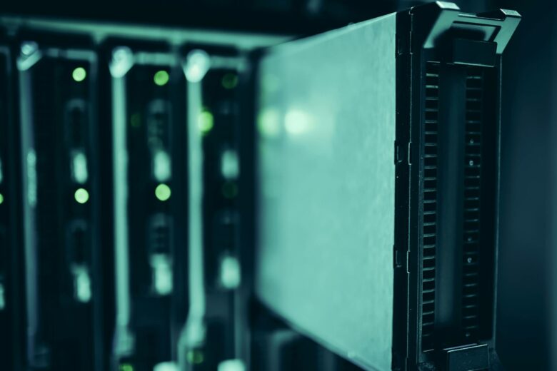 Close-up of server racks in a data center highlighting modern technology infrastructure.