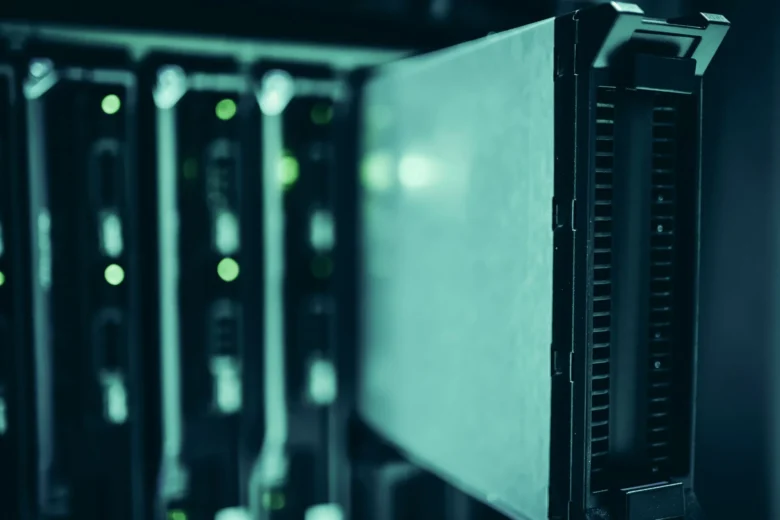 Rows of GPU accelerator servers in a data center rack running large language model inference workloads