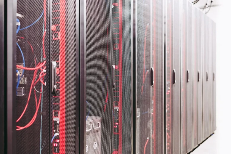 Rows of servers inside a cloud data center, representing EU-resident cloud AI infrastructure for inference workloads.