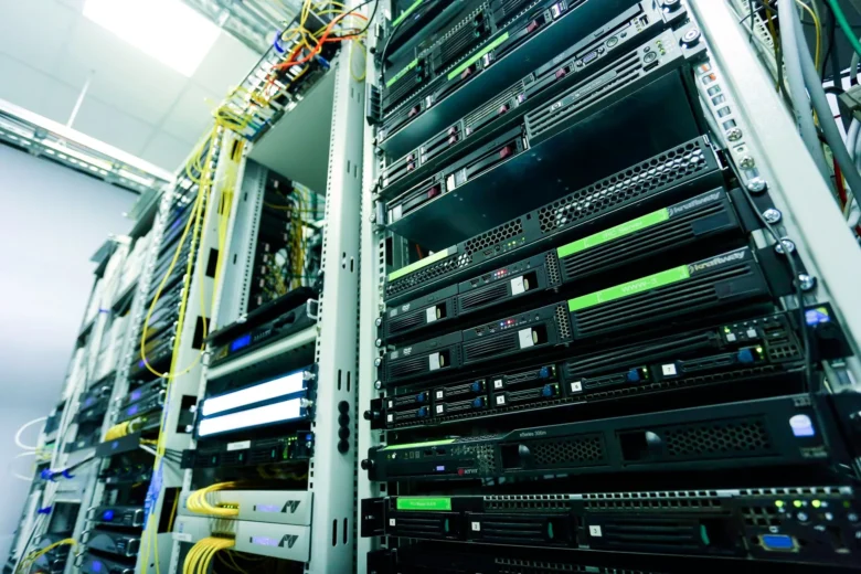Rows of labeled server racks inside a European data center that hosts cloud AI workloads