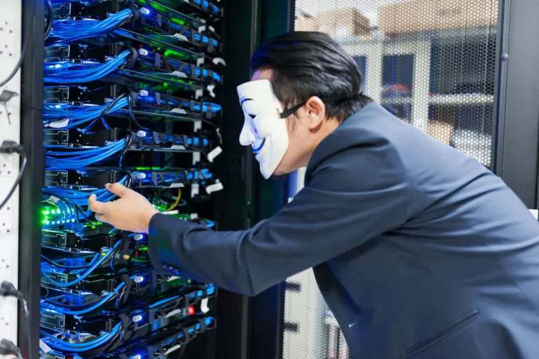 Rows of GPU servers with status LEDs inside a modern data center rack