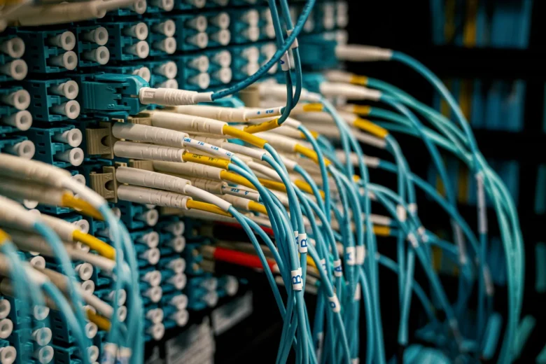 Rows of structured network cabling inside a data center rack, representing private cloud network paths for AI workloads.